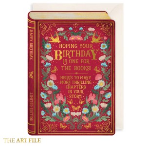 Поздравителна картичка  "Книга с приказки - Надяваме се, че рожденият ви ден е достоен за книга! Ето още много вълнуващи глави от вашата история!"